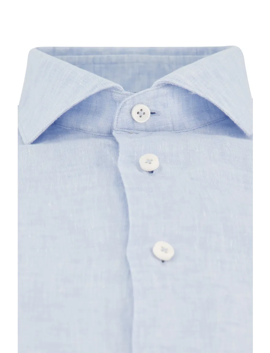 Slim fit lichtblauw Cavallaro overhemd gemêleerd linnen