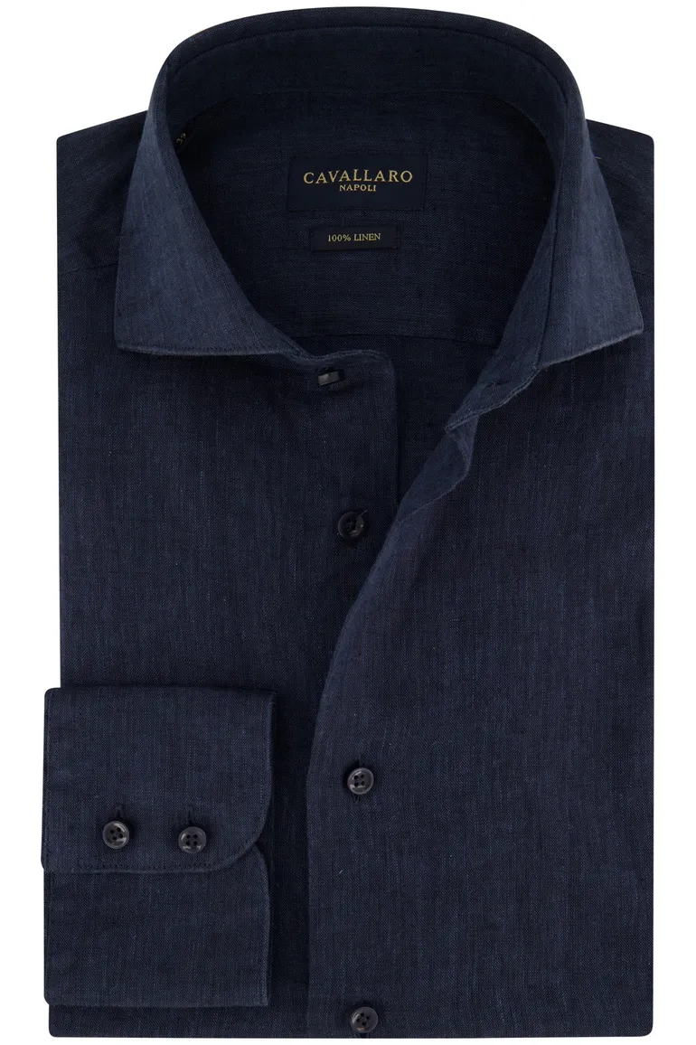 Slim fit Cavallaro overhemd linnen donkerblauw