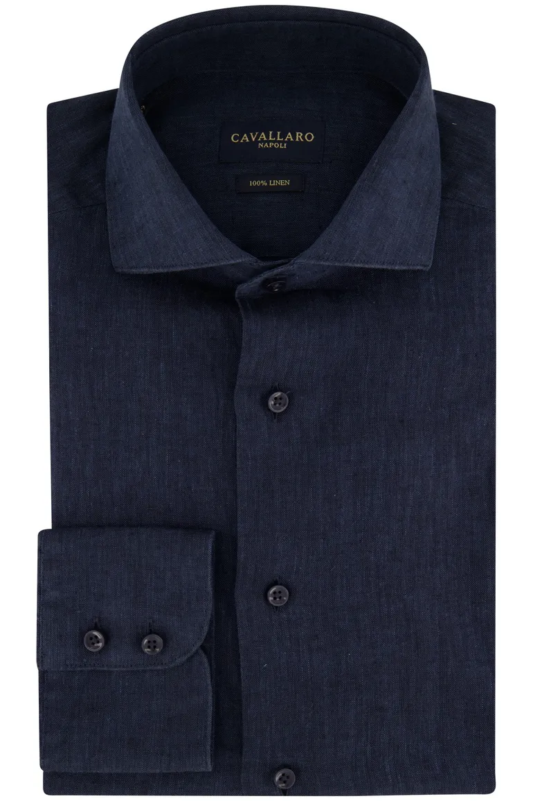 Slim fit Cavallaro overhemd linnen donkerblauw