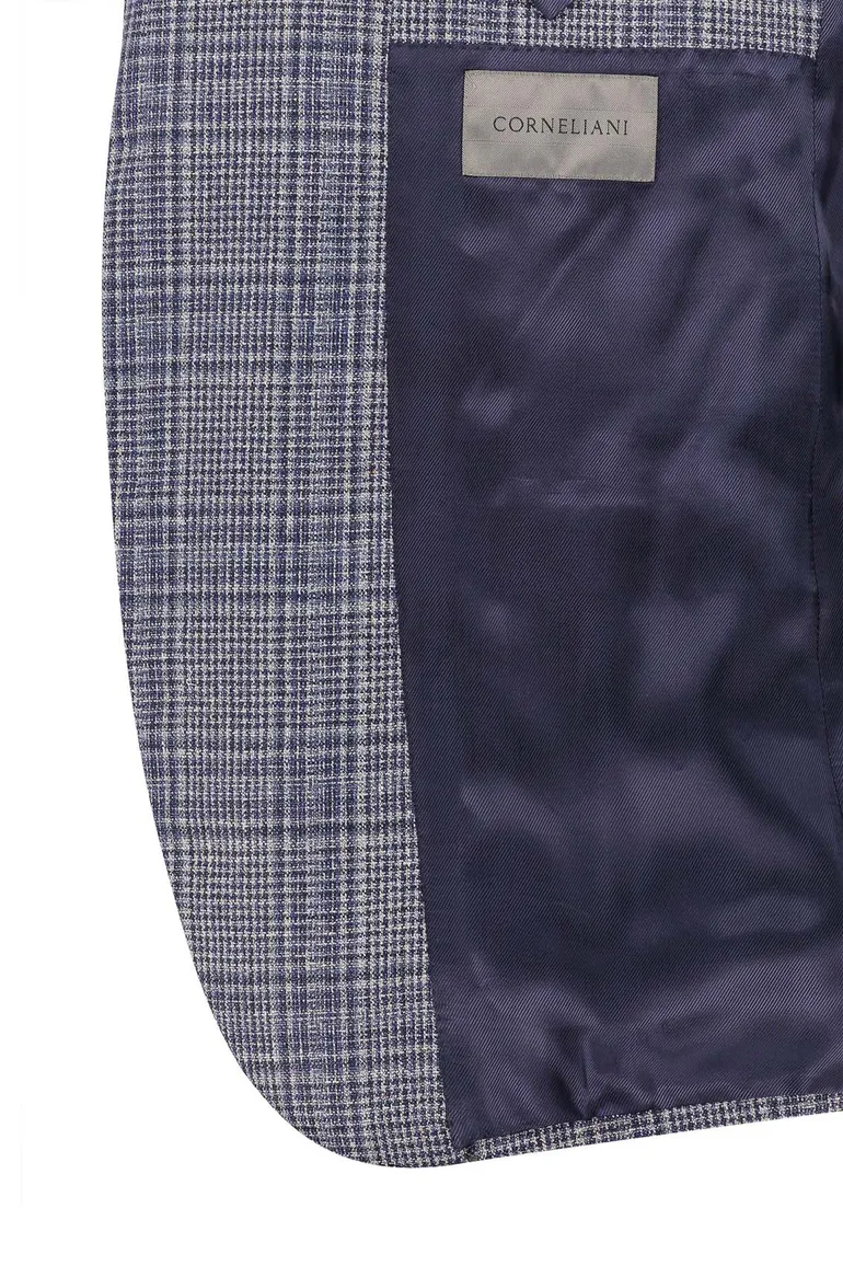 Blauw geruit Corneliani colbert normale fit zijde borstzak