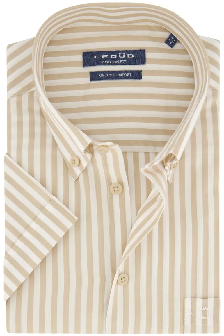 Ledub overhemd korte mouw beige gestreept