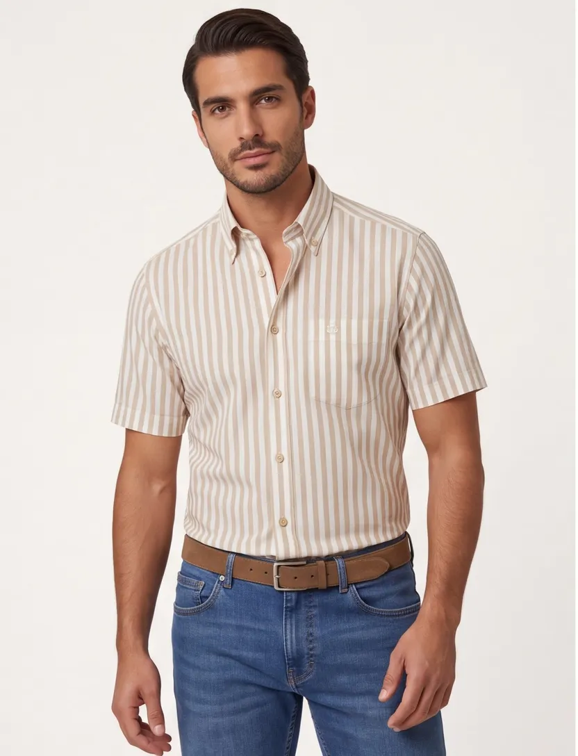 Ledub overhemd beige gestreept normale fit korte mouw