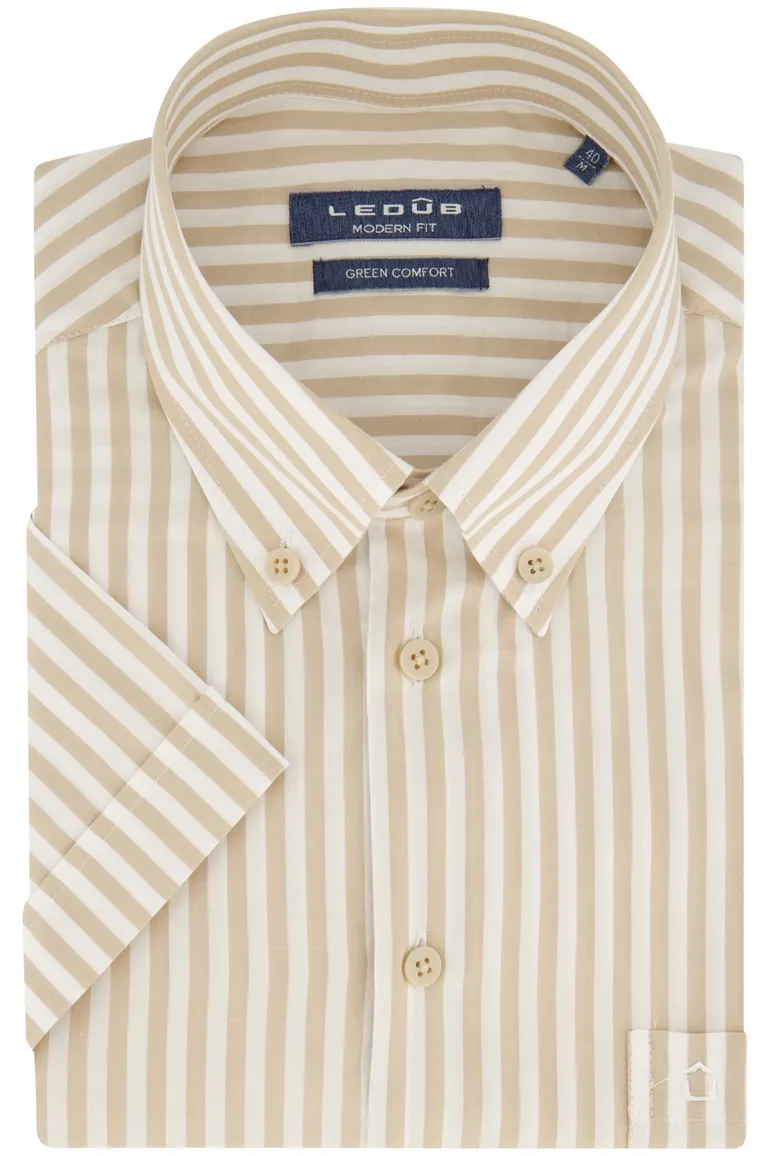 Ledub overhemd korte mouw beige gestreept