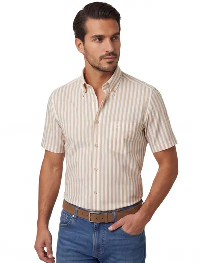 Ledub Ledub overhemd beige gestreept normale fit korte mouw