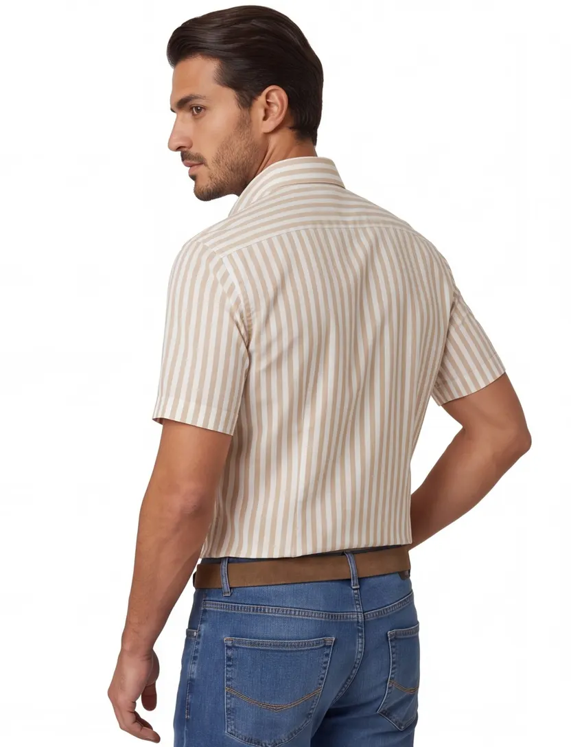 Ledub overhemd beige gestreept normale fit korte mouw