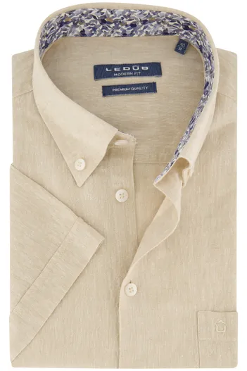 Ledub Ledub overhemd korte mouw beige effen normale fit
