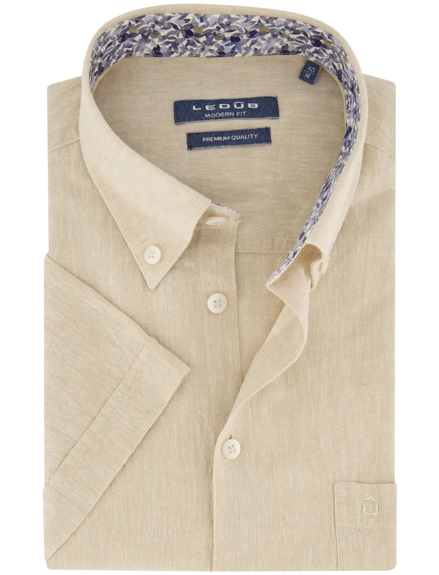 Ledub overhemd korte mouw beige linnen