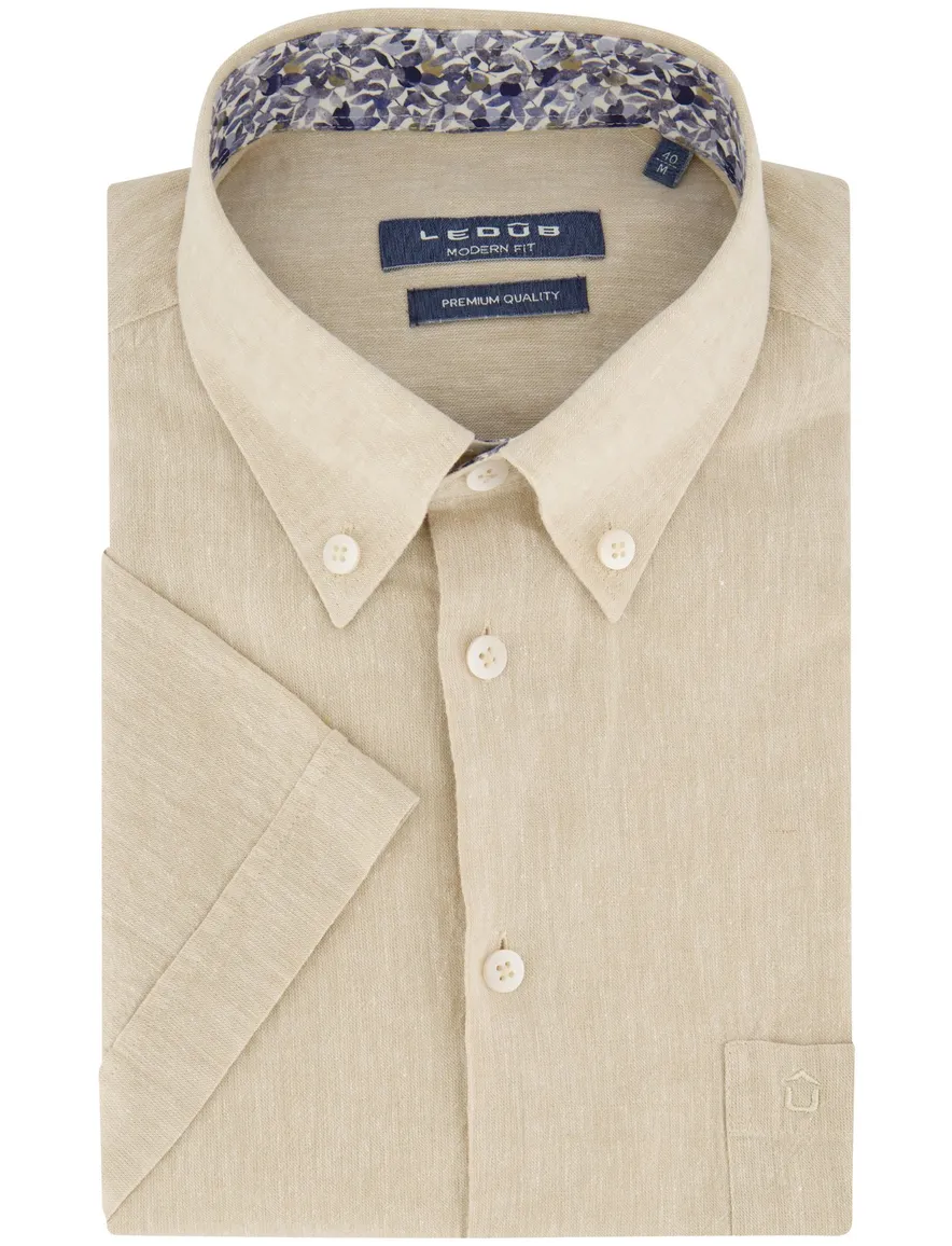 Ledub overhemd korte mouw beige linnen