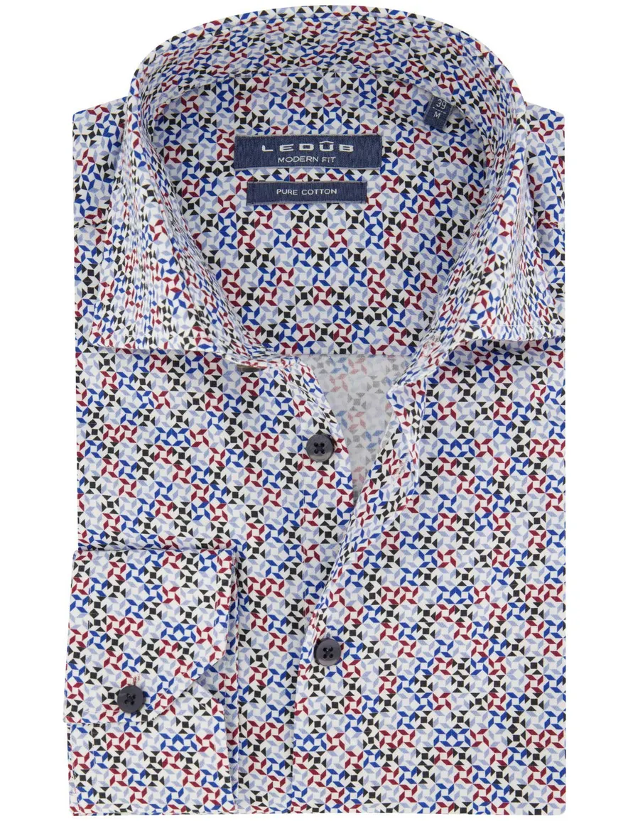 Ledub overhemd modern fit blauw geprint katoen