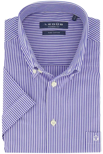 Ledub Ledub overhemd Modern Fit blauw gestreept korte mouw