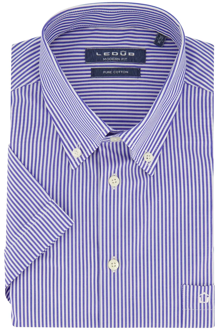 Ledub overhemd Modern Fit blauw gestreept korte mouw