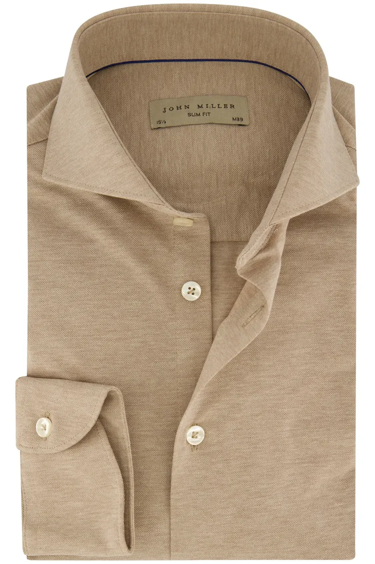 John Miller beige overhemd slim fit gemêleerd katoen