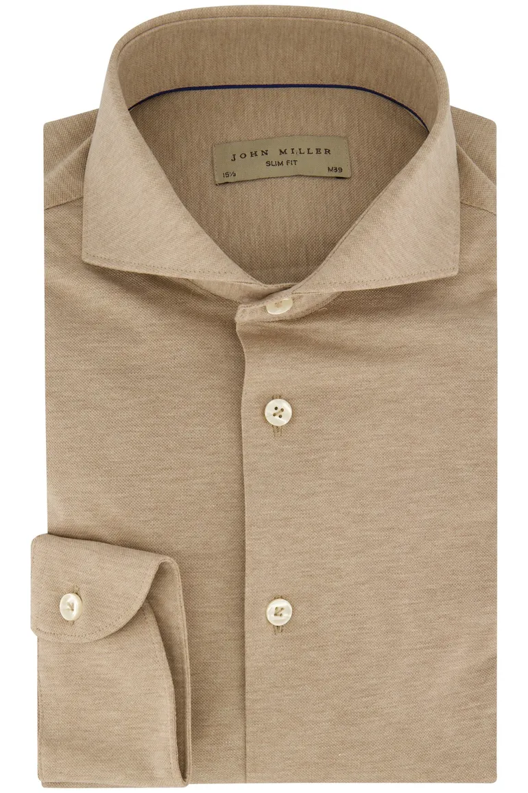 John Miller beige overhemd slim fit gemêleerd katoen