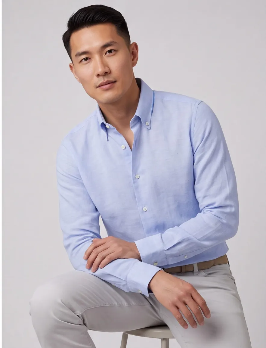 John Miller gemêleerd overhemd Tailored Fit lichtblauw katoen
