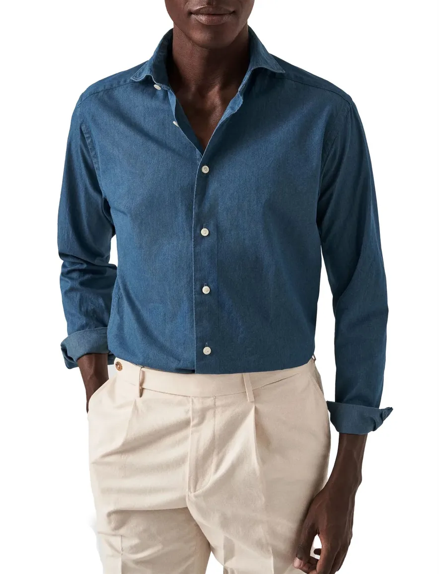 Eton overhemd slim fit effen donkerblauw katoen