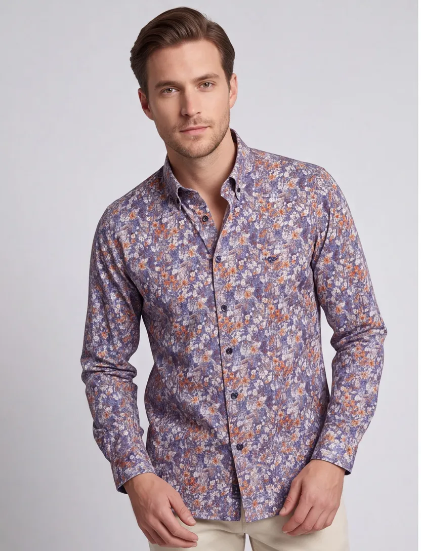 Casual overhemd Giordano Regular Fit blauw bloemen