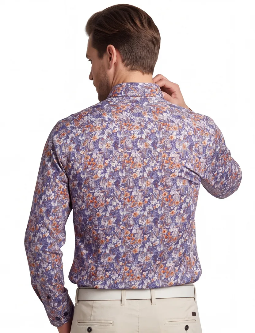 Casual overhemd Giordano Regular Fit blauw bloemen