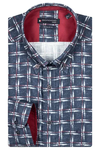 Giordano Giordano overhemd donkerblauw geruit wijde fit