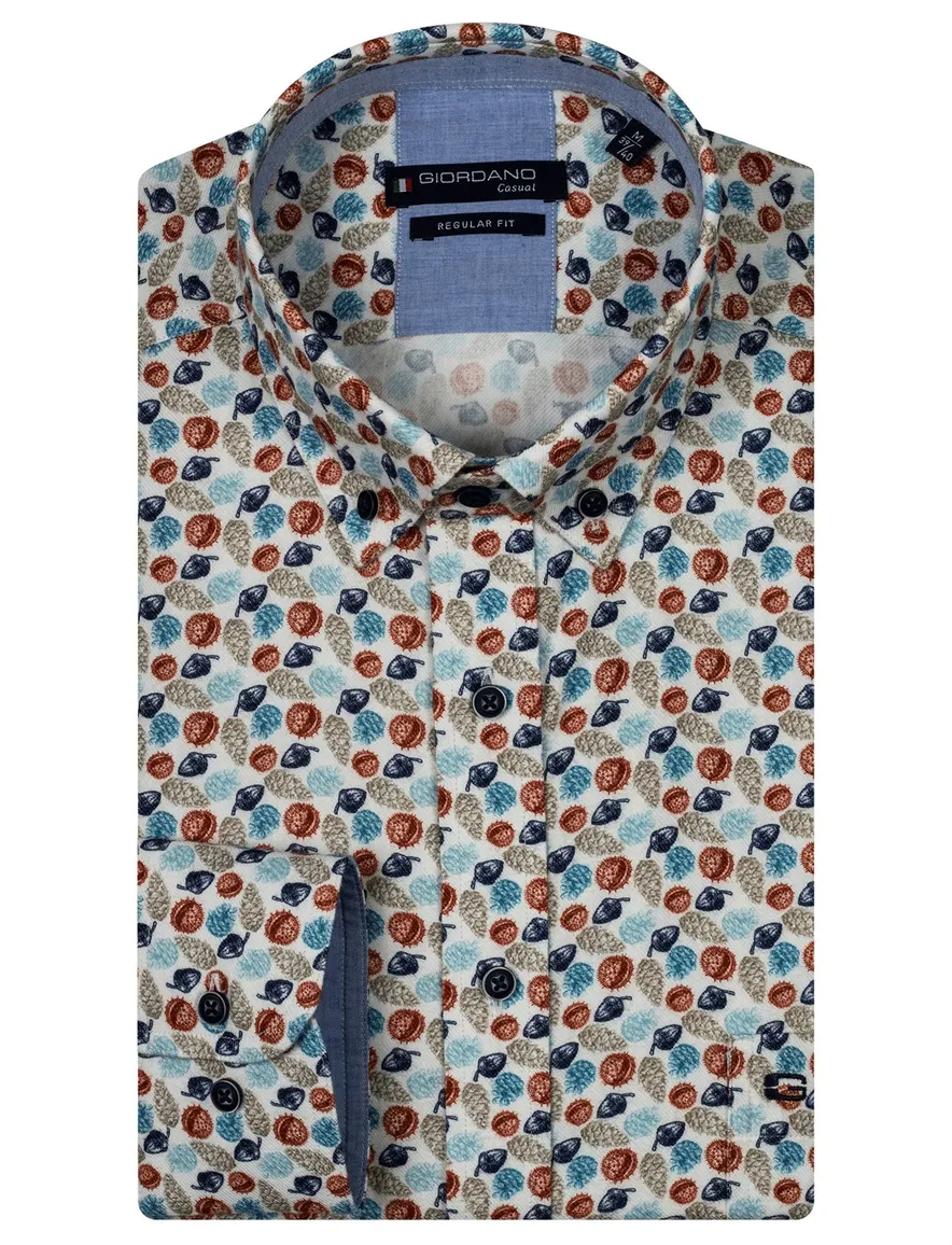 Giordano overhemd donkerblauw en rood herfst print