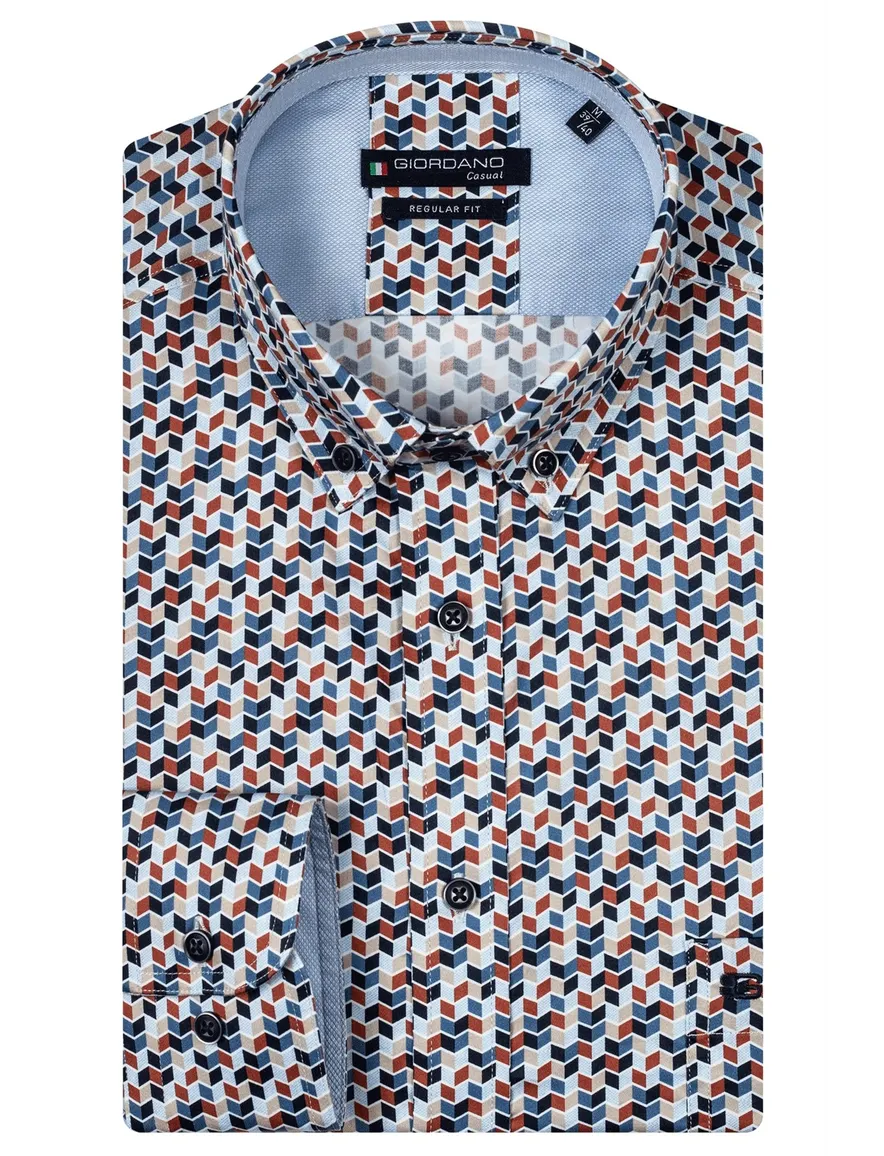 Giordano overhemd katoen rood donkerblauw geprint button-down