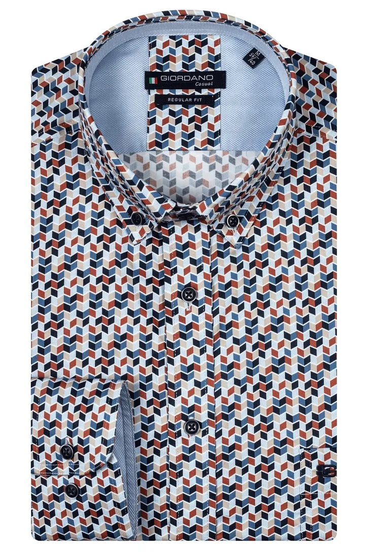 Katoenen Giordano overhemd rood donkerblauw geprint wijde fit
