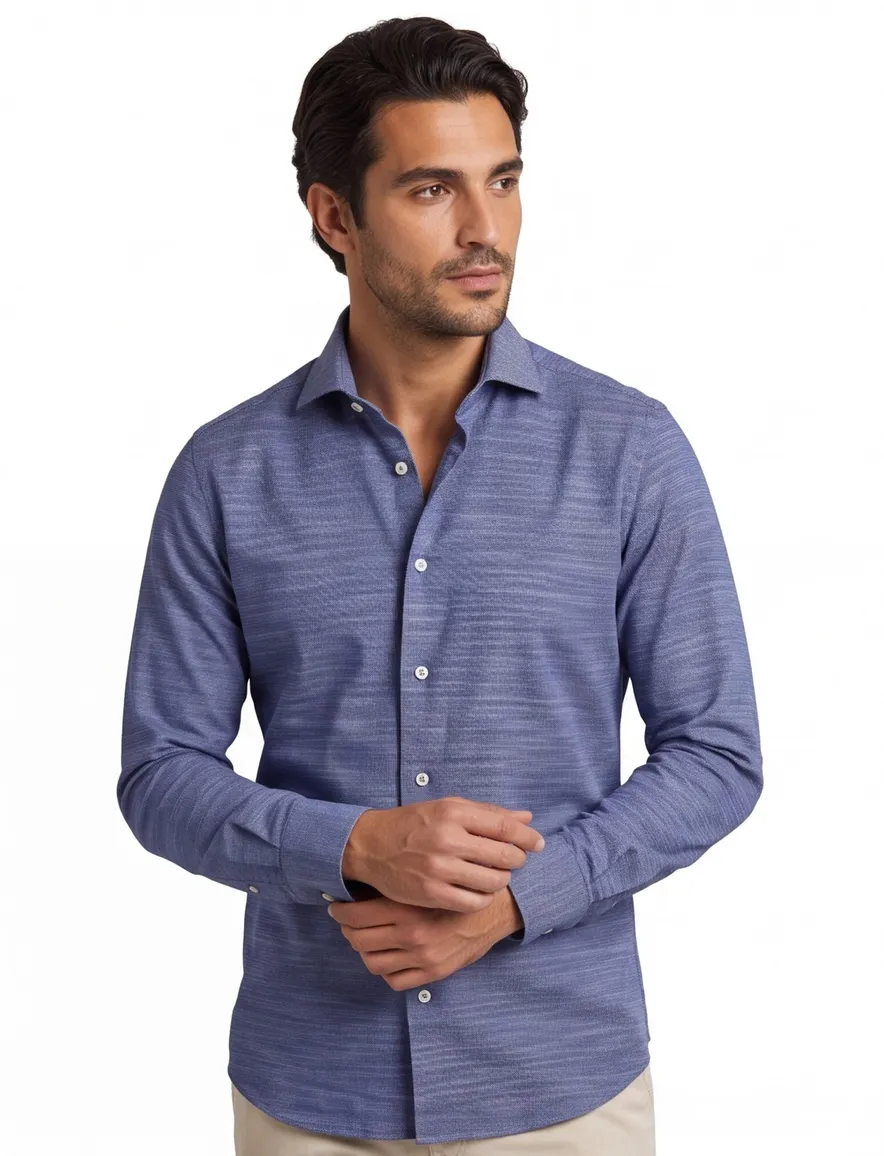 John Miller overhemd navy gemeleerd tailored fit