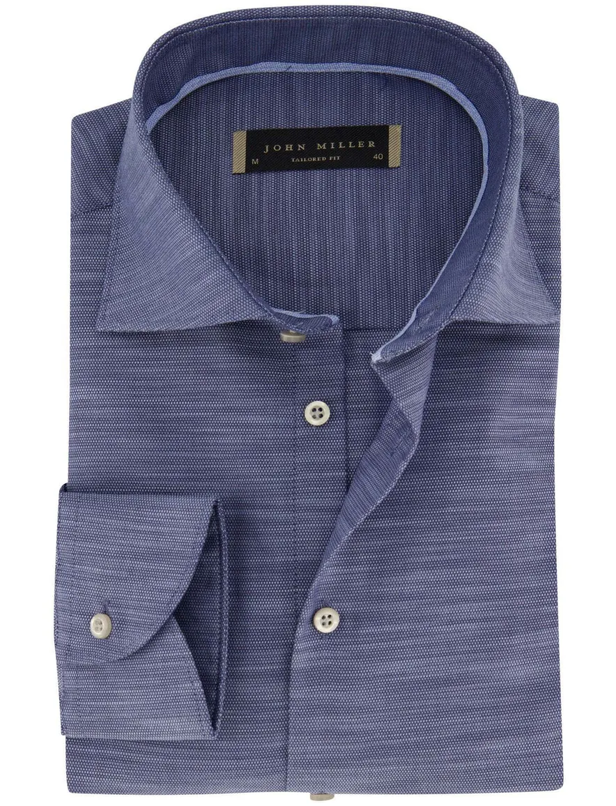Overhemd John Miller mouwlengte 7 navy gemêleerd tailored fit katoen