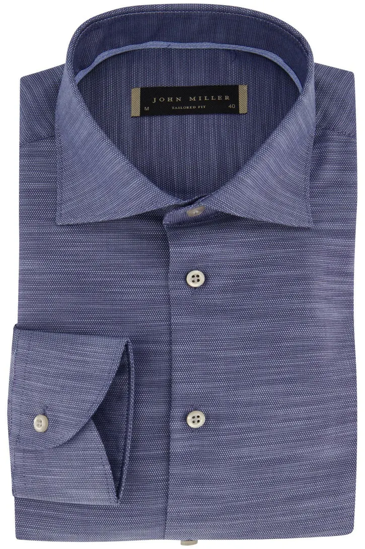John Miller tailored fit overhemd katoen mouwlengte 7 navy gemêleerd