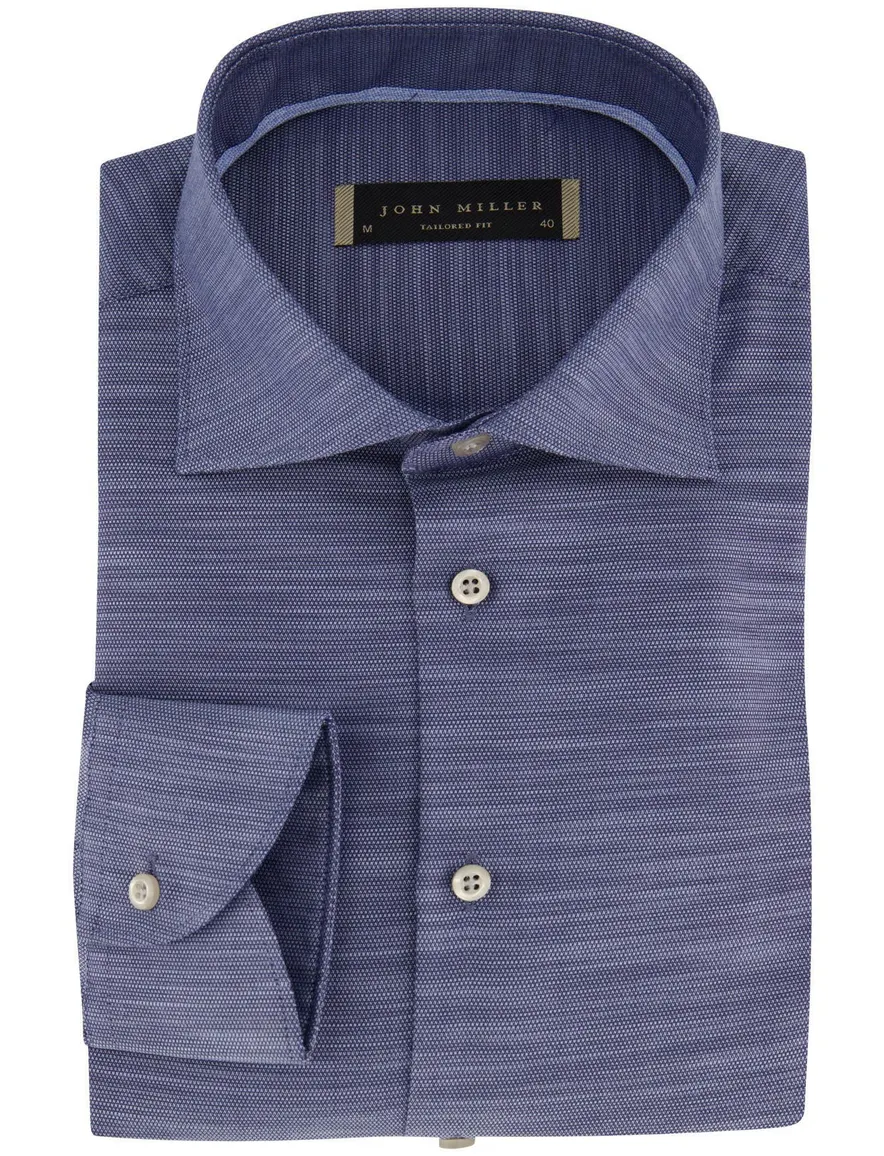 Overhemd John Miller mouwlengte 7 navy gemêleerd tailored fit katoen