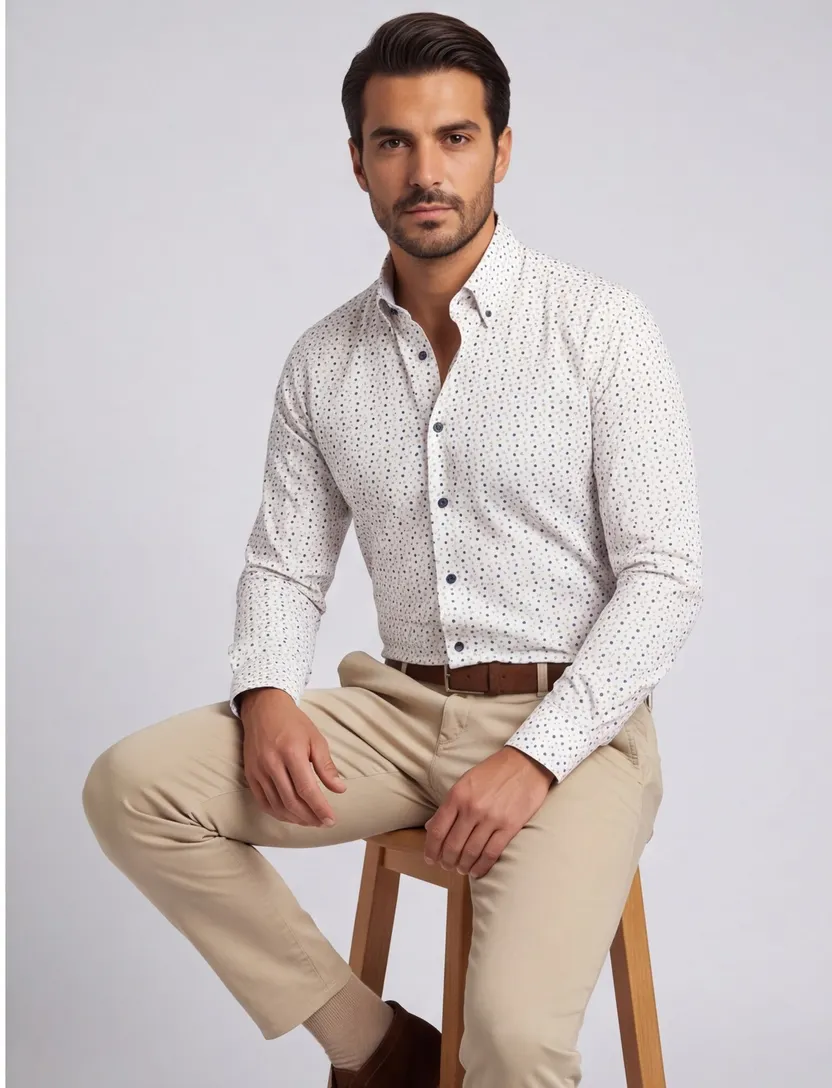 Ledub overhemd Modern Fit wit stippen print