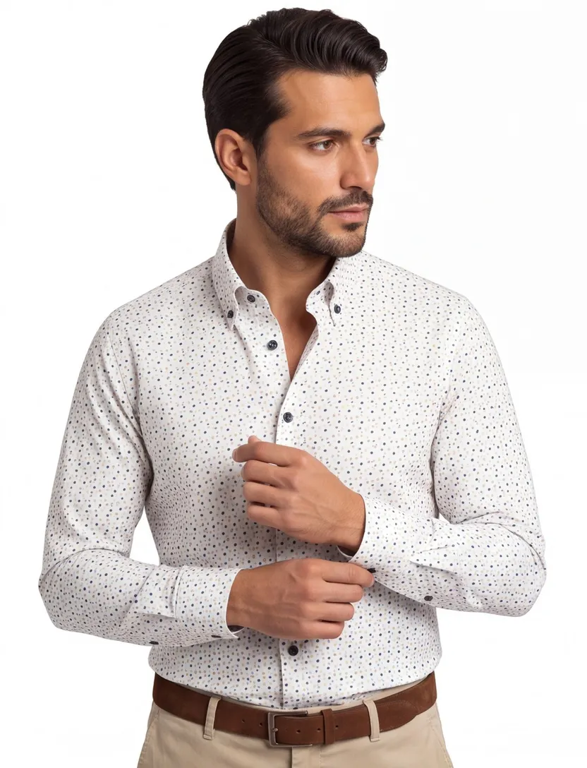 Ledub overhemd Modern Fit wit stippen print