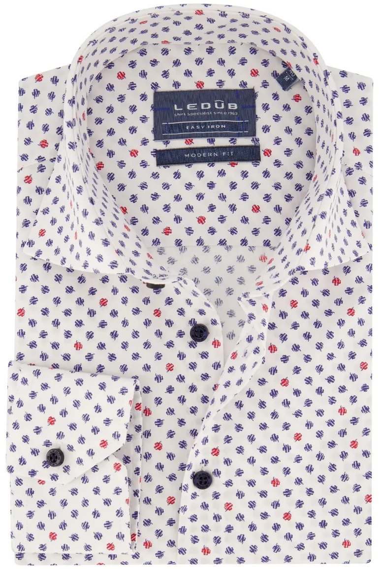 Ledub overhemd Modern Fit New wit geprint klavertjes