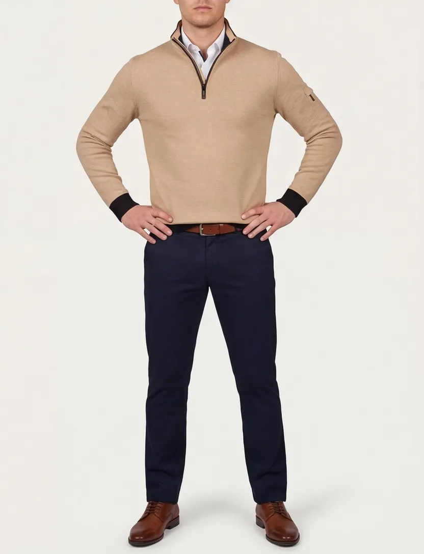 Baileys half zip trui beige mouwzak effen katoen