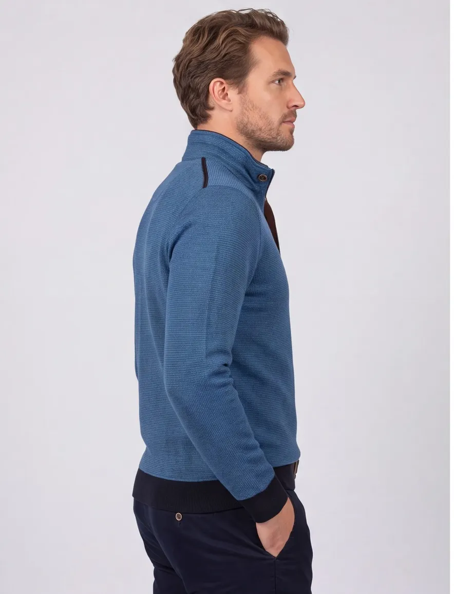 Baileys half zip trui blauw effen katoen normale fit