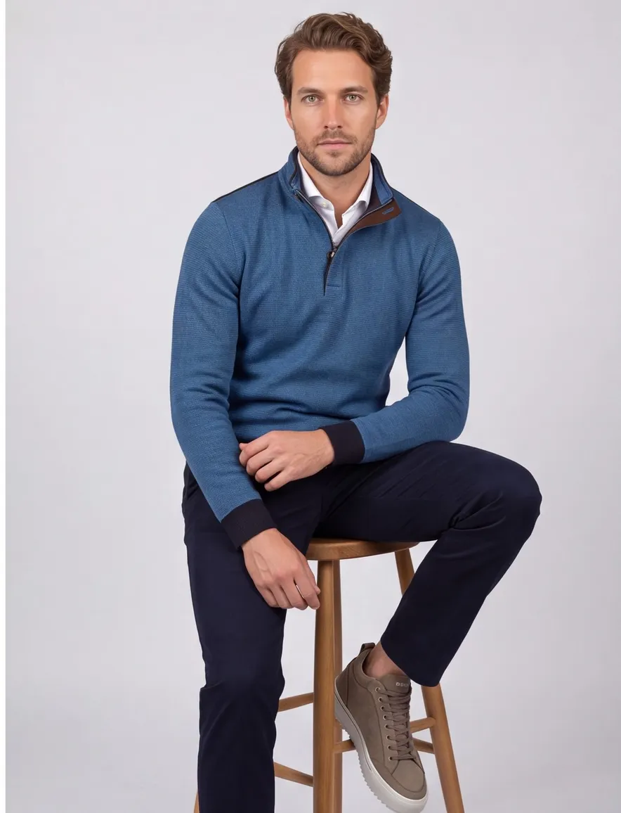 Baileys half zip trui blauw effen katoen normale fit