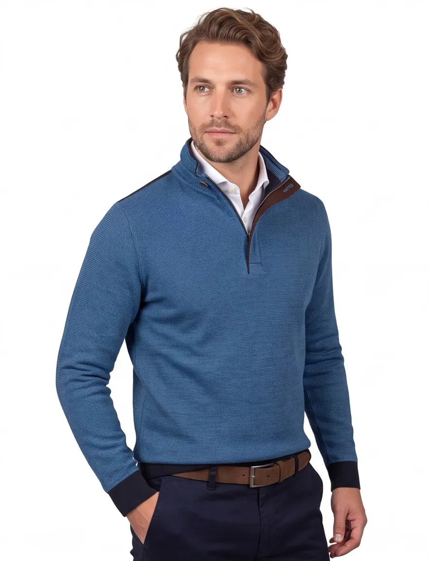 Baileys half zip trui blauw effen katoen normale fit