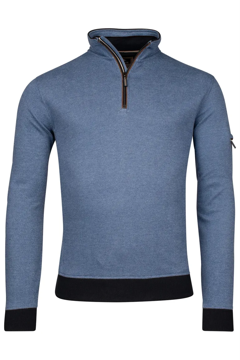 Baileys half zip trui met knoop blauw normale fit effen