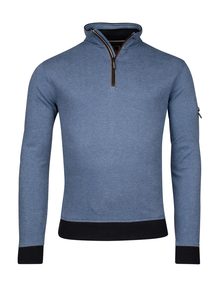 Baileys half zip trui met knoop blauw normale fit effen