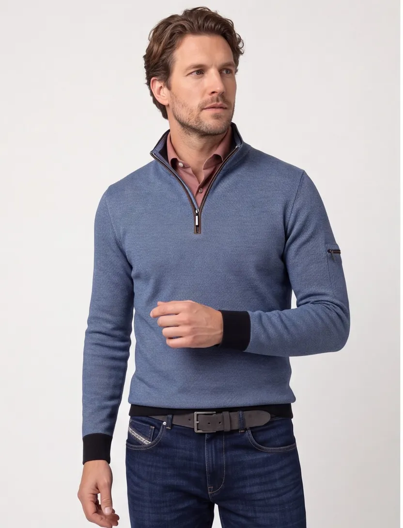 Baileys half zip trui met knoop blauw normale fit effen