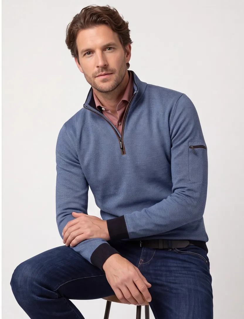 Baileys half zip trui met knoop blauw normale fit effen