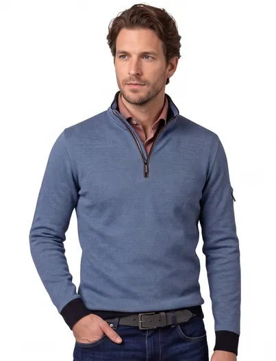 Baileys Baileys half zip trui met knoop blauw normale fit effen