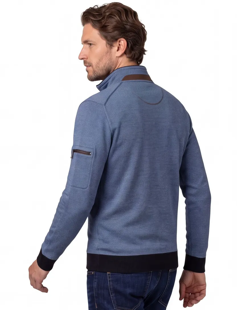 Baileys half zip trui met knoop blauw normale fit effen