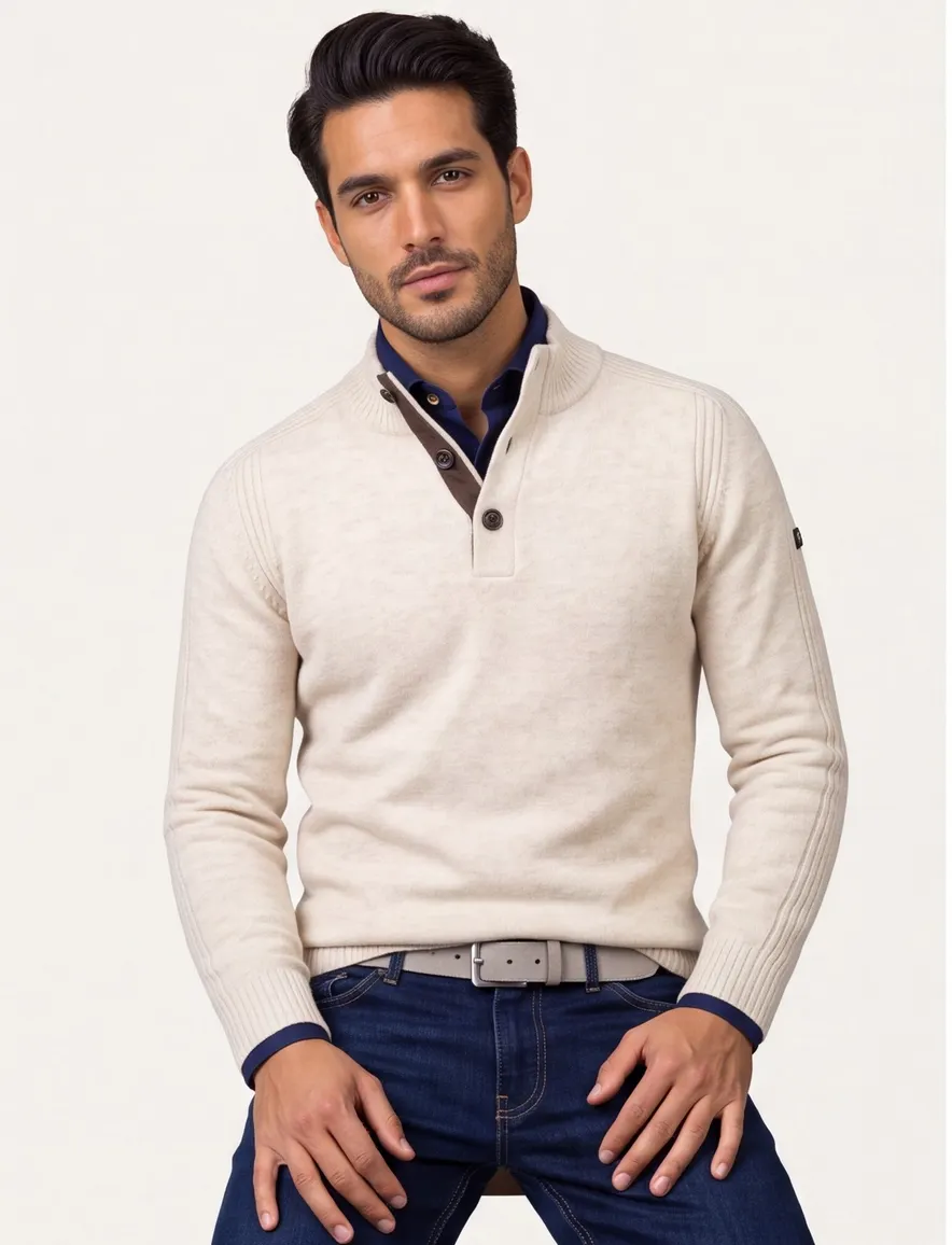 Baileys half-zip trui knopen creme normale fit