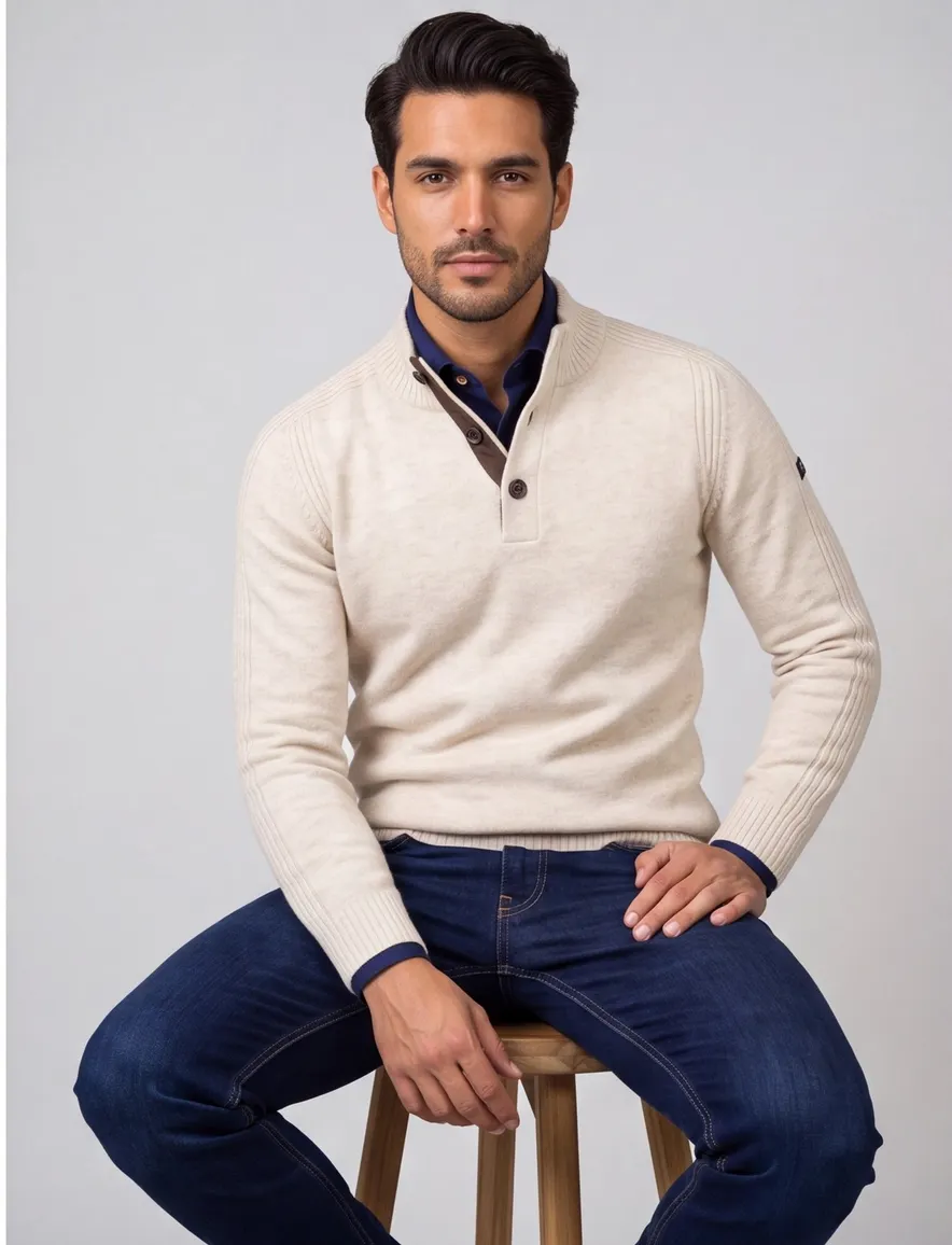 Baileys half-zip trui knopen ecru