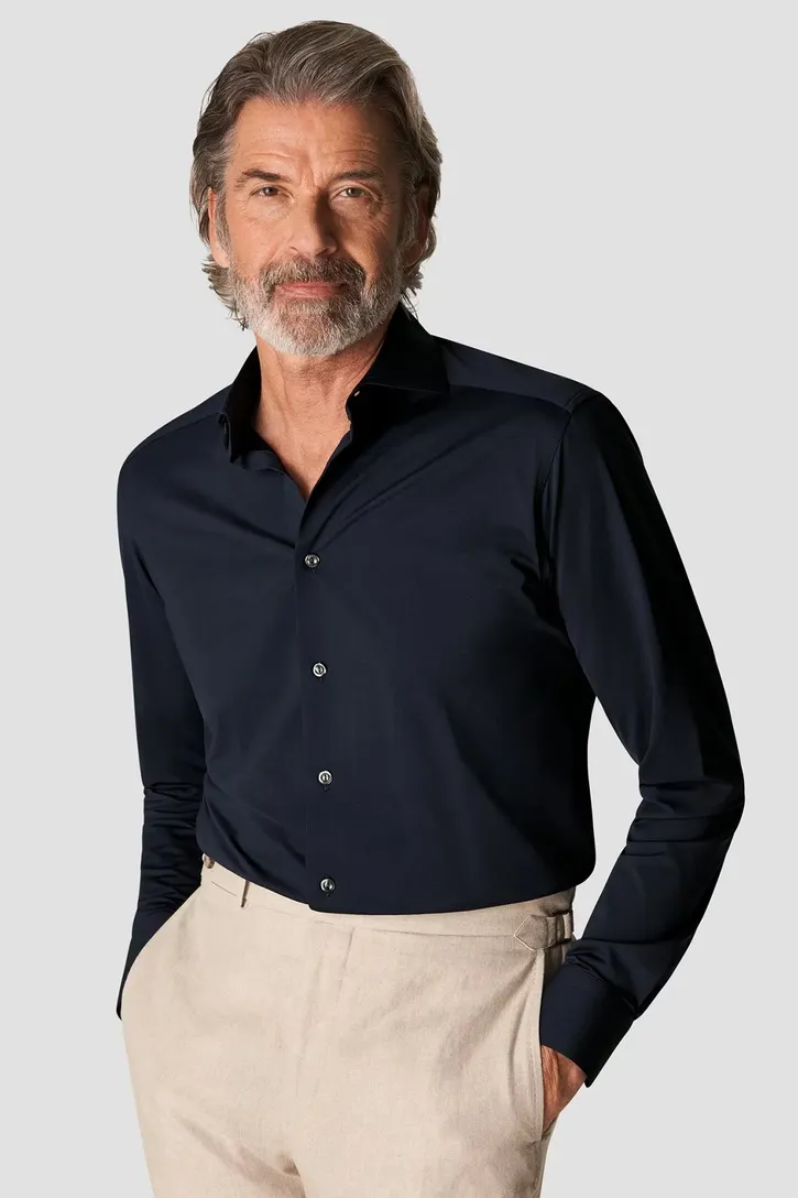 Eton Four-way stretch overhemd navy effen slim fit