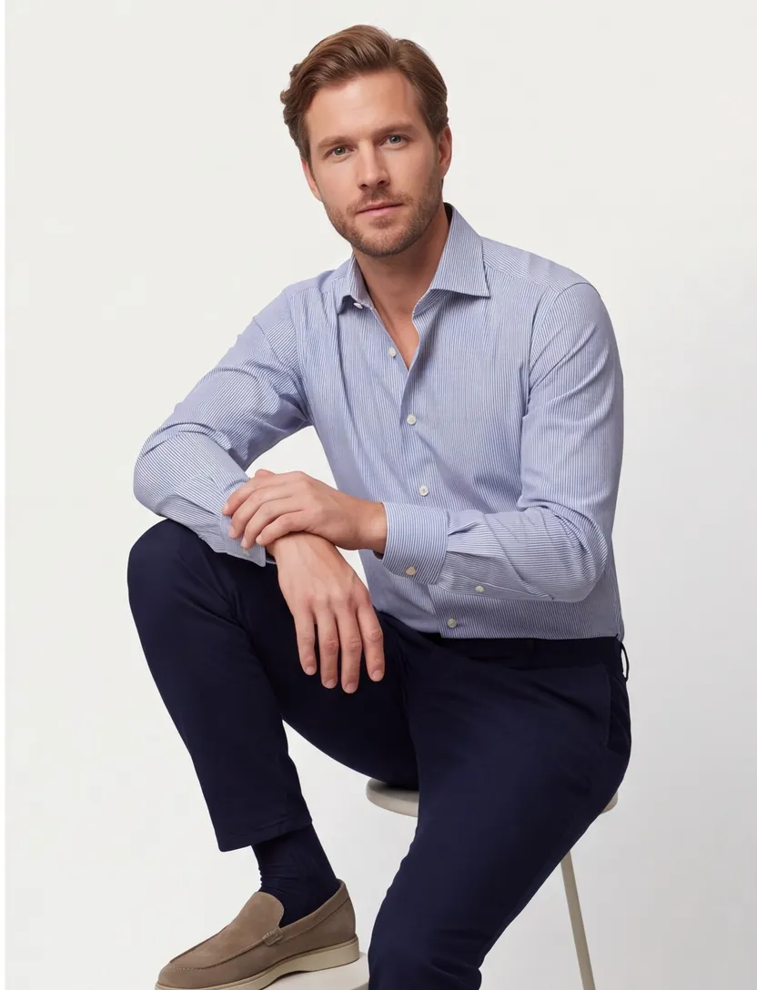 Katoenen Eton overhemd gestreept blauw slim fit