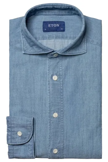 Eton Eton business blauw denim twill overhemd slim fit katoen