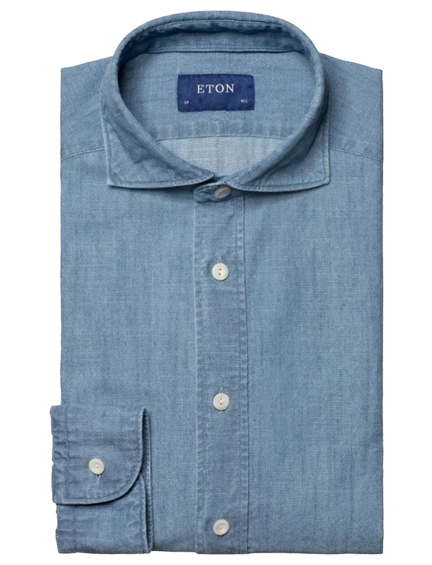 Eton business blauw denim twill overhemd slim fit katoen