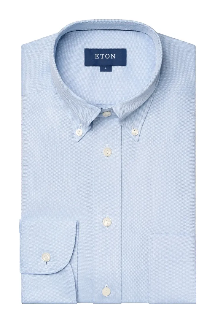 Eton overhemd effen lichtblauw button down slim fit katoen