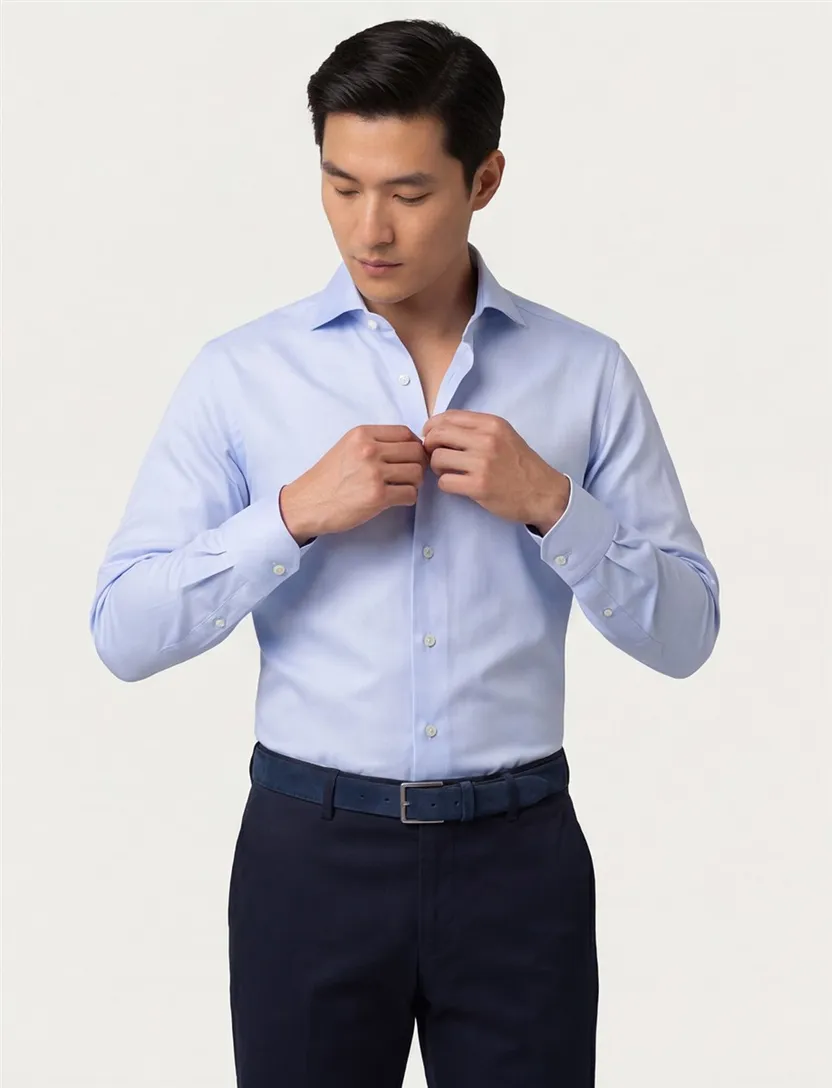 Katoenen Eton lichtblauw textured twill overhemd slim fit